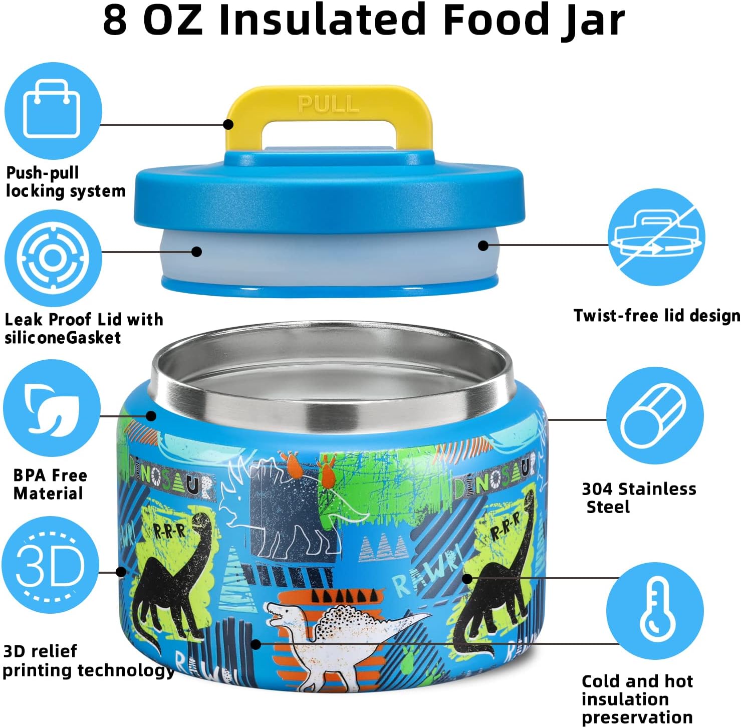 8 Oz Thermo Food Jar for Hot & Cold Food for Kids, Insulated Lunch Containers Hot Food Jar,Leak-Proof Vacuum Stainless Steel Wide Mouth Lunch Soup Thermo for School (BLUE-Dinosaur) - Image 4