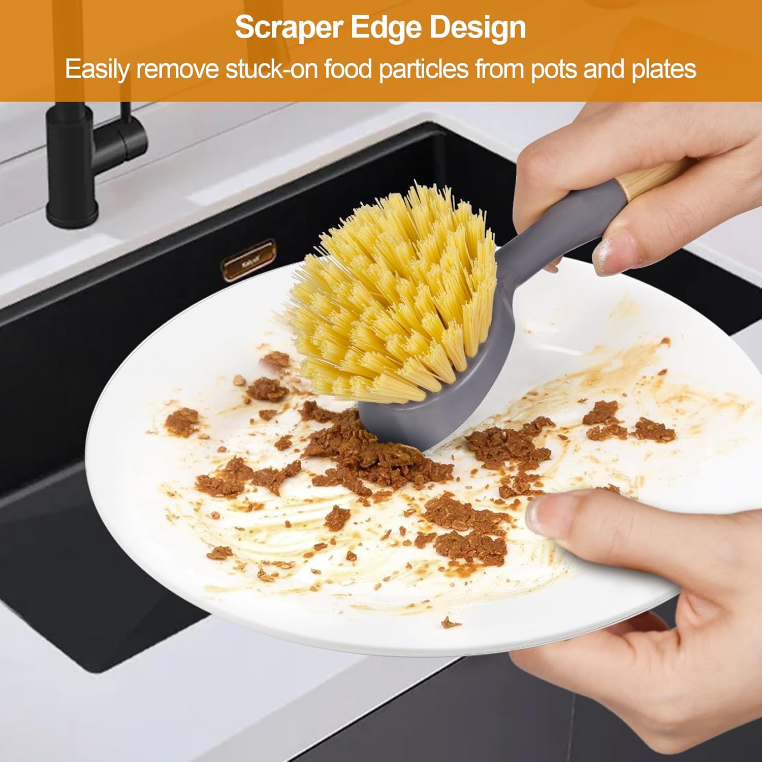 Kitchen Scrub Brushes with Bamboo Handle Built-in Scraper, Dish Brush for Cleaning Pans, Pots, Sink and Counter, 2 Pack - Image 4