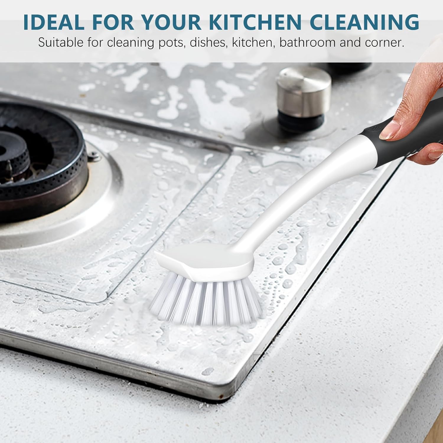 SetSail Dish Brush Set of 3 with Bottle Brush, Dish Scrub Brush with Long Handle Deep Cleaning Handle Brush with Scraper Tip for Kitchen Sink Dishes Bottle Cup Pot and Pans Tile Lines, Black - Image 4