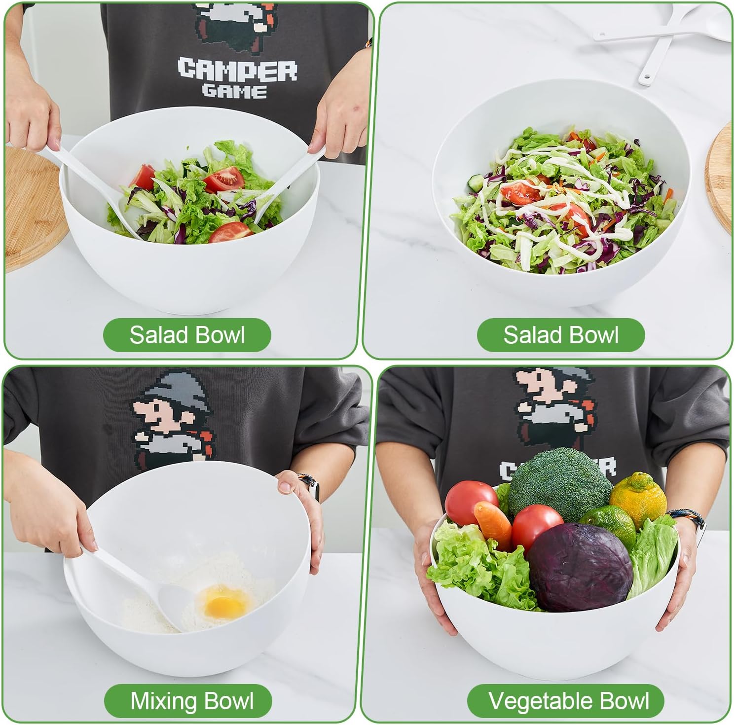 GEHE 12" Salad Bowls, Bamboo Fiber Salad Bowl with Lid, 7.7Qt Extra Large Mixing Bowls with Servers for Kitchen, Salad Serving Bowl Set with Utensils for Salad, Pasta, Fruits, Vegetables and Dessert - Image 6