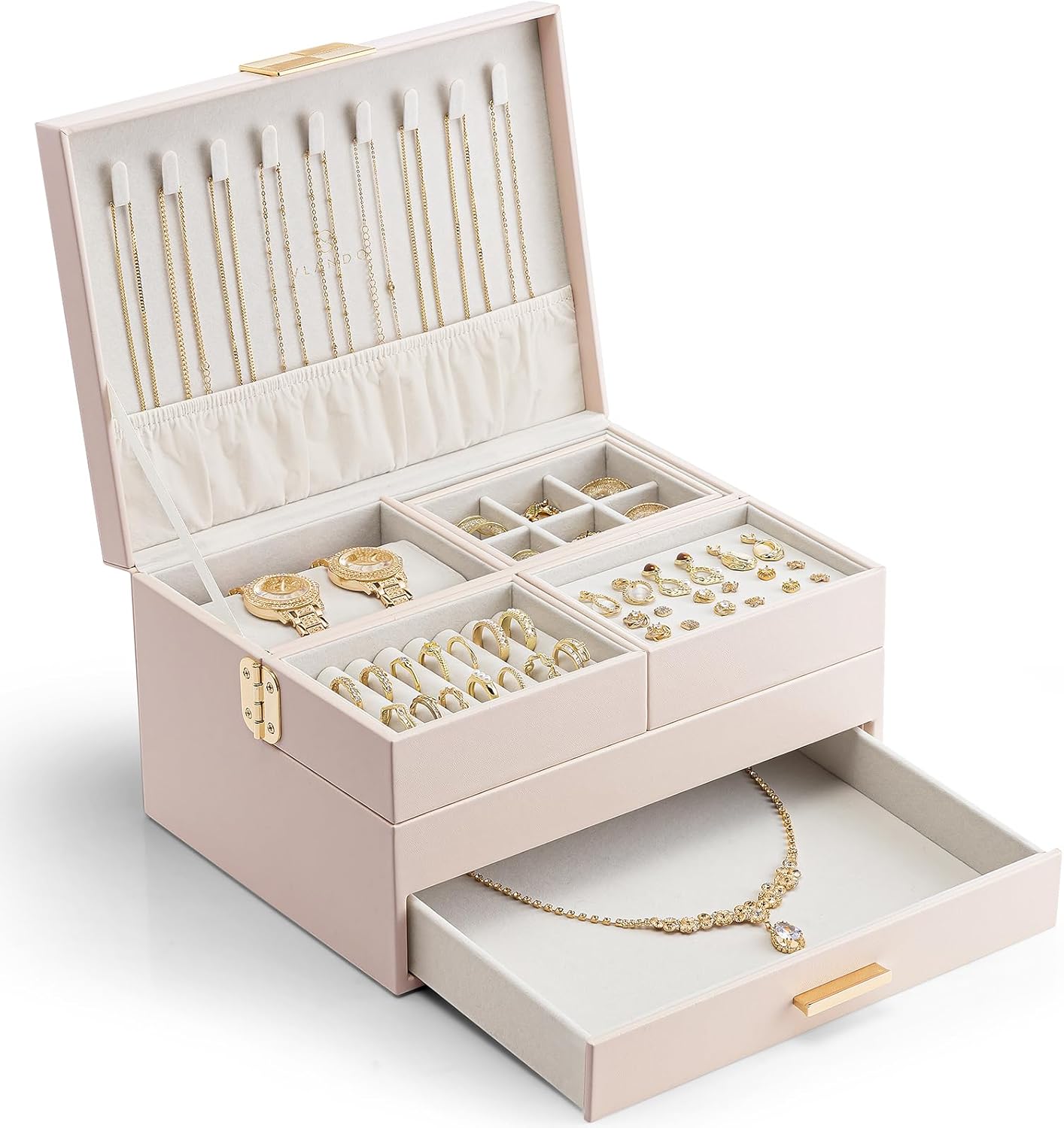 Vlando 3 Layer Jewelry Box - Women Jewelry Box with Retractable Tray - Jewelry Organizers with Drawer for Necklaces, Rings, Bracelets, Earrings, Gift for Couples Mom Girls - Pink - Image 2