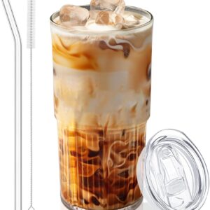 18.5oz Glass Cups with Lids and Straws – Single Reusable Tumbler, Thickened Shatter-Resistant Glass, Ideal for Iced Coffee, Smoothies, Cocktails, Juices – Elegant & Durable Drinkware