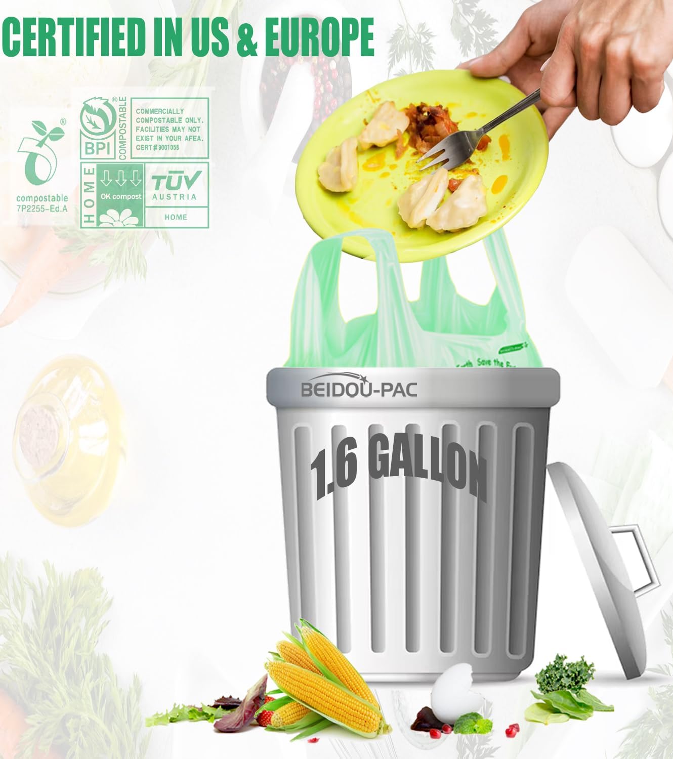 1.6 Gallon Compostable Trash Bags with Handle, 125 Count Small Compost Bags, Biodegradable Kitchen Garbage Bags, Food Scrap Waste Bags for Countertop Bin, ASTM D6400, US BPI Certified - Image 4