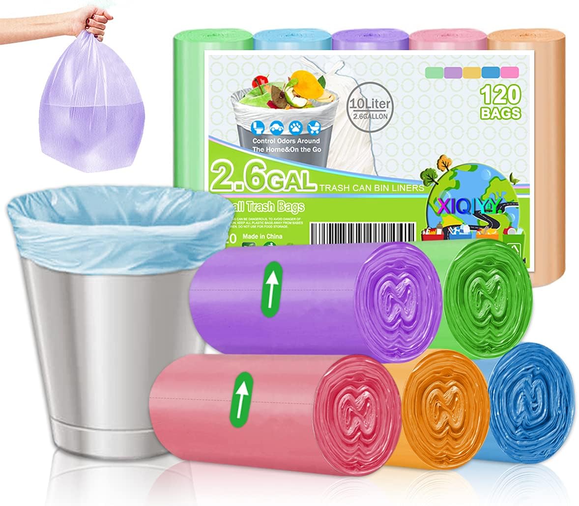Small Garbage Bags 2.6 Gallon Colorful Biodegradable Trash Bags,120 Counts Bathroom Garbage Bags Unscented Wastebasket Liners for Office, Bedroom,Living Room 7-10L - Image 2