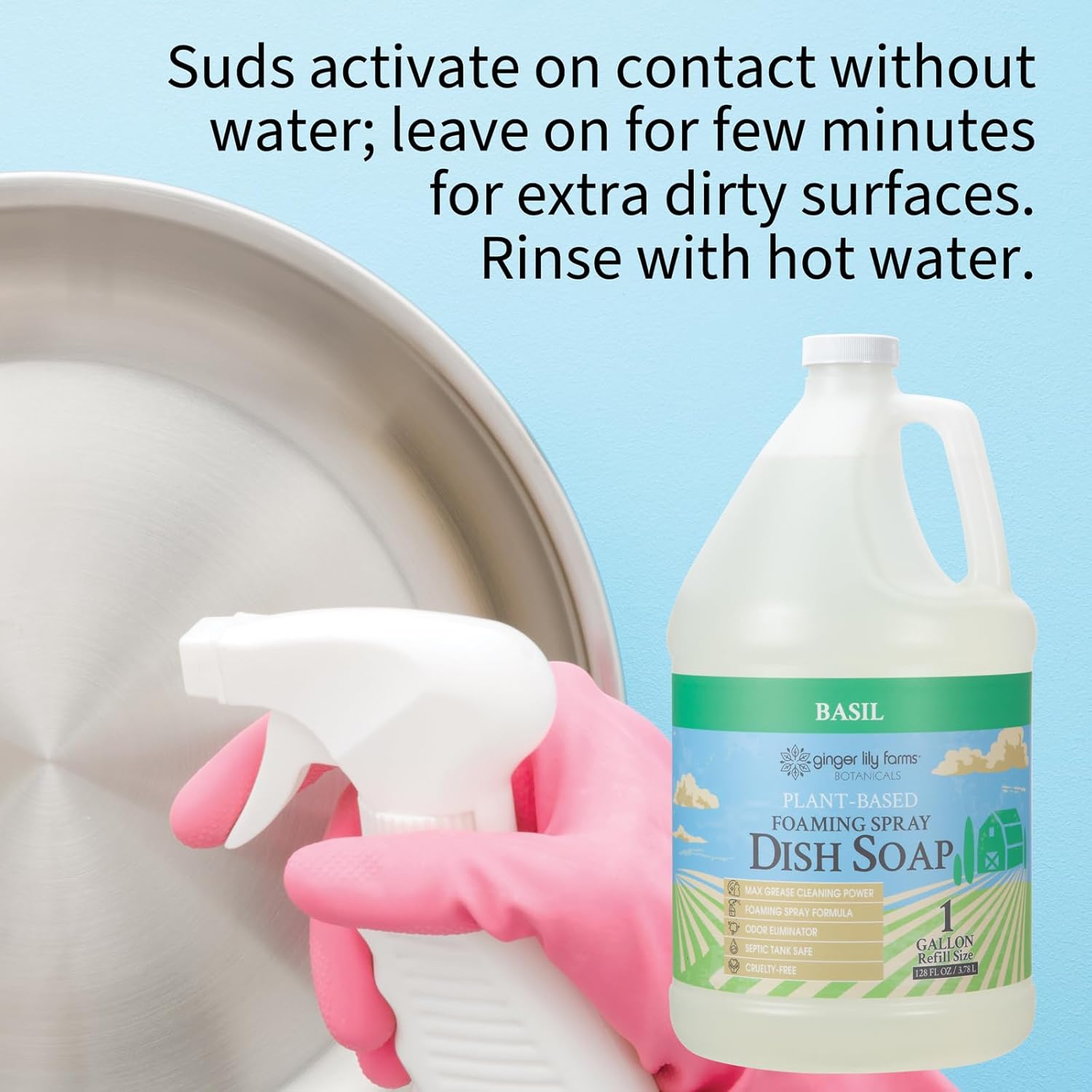 Ginger Lily Farms Botanicals Plant-Based Foaming Spray Dish Soap, Concentrated Formula with Max Grease Cleaning Power, Cruelty-Free, Basil Scent, 1 Gallon Refill (128 Fl Oz) - Image 4