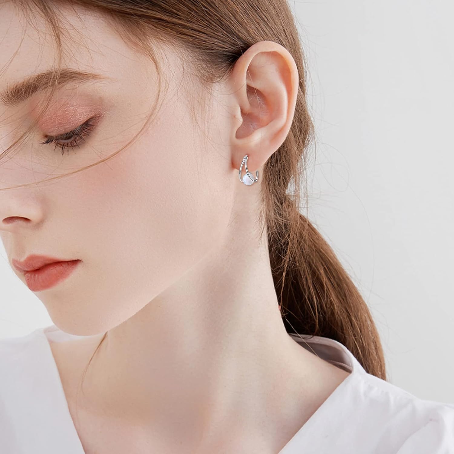 Gemstone Double Hoop Earrings for Women Sterling Silver Pearl Moonstone Turquoise Black Onyx Jade Opal Lapis Lazuli Earrings for Women - Image 4