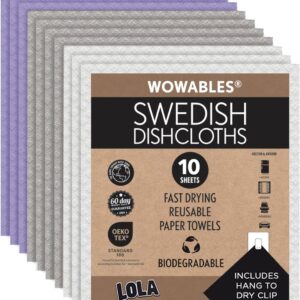 LOLA Swedish Dishcloths 10 Pk Biodegradable Reusable Paper Towels Absorbent Cellulose Kitchen Sponge Cloths Zero Waste Odor Free, Made in Germany