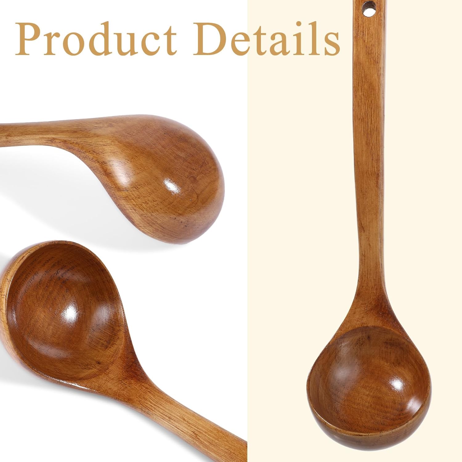 Wooden Ladle, 11" Long Handle Soup Ladle Spoon Large Kitchen Wooden Scoop Deep Teak Wood Spoon Utensil for Cooking Serving Cookware, Sustainable Natural Texture - Image 5