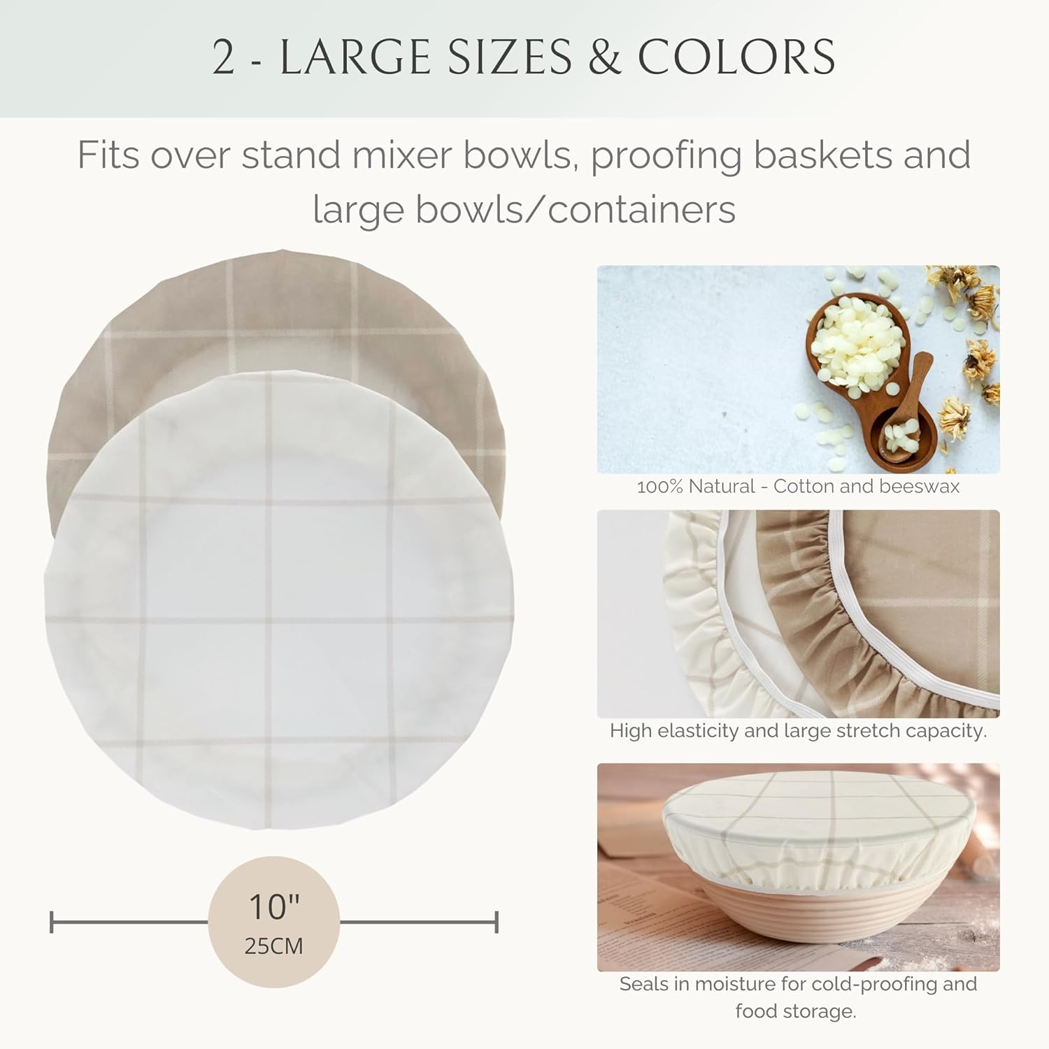 Nectar & Nest Reusable Bowl Covers for Bread Proofing (2 Lg) - Beeswax Bowl Covers Reusable, 100% Organic Cotton, Elastic Cover for Sourdough, Dough Proofing and Food Storage, Compostable - Image 3