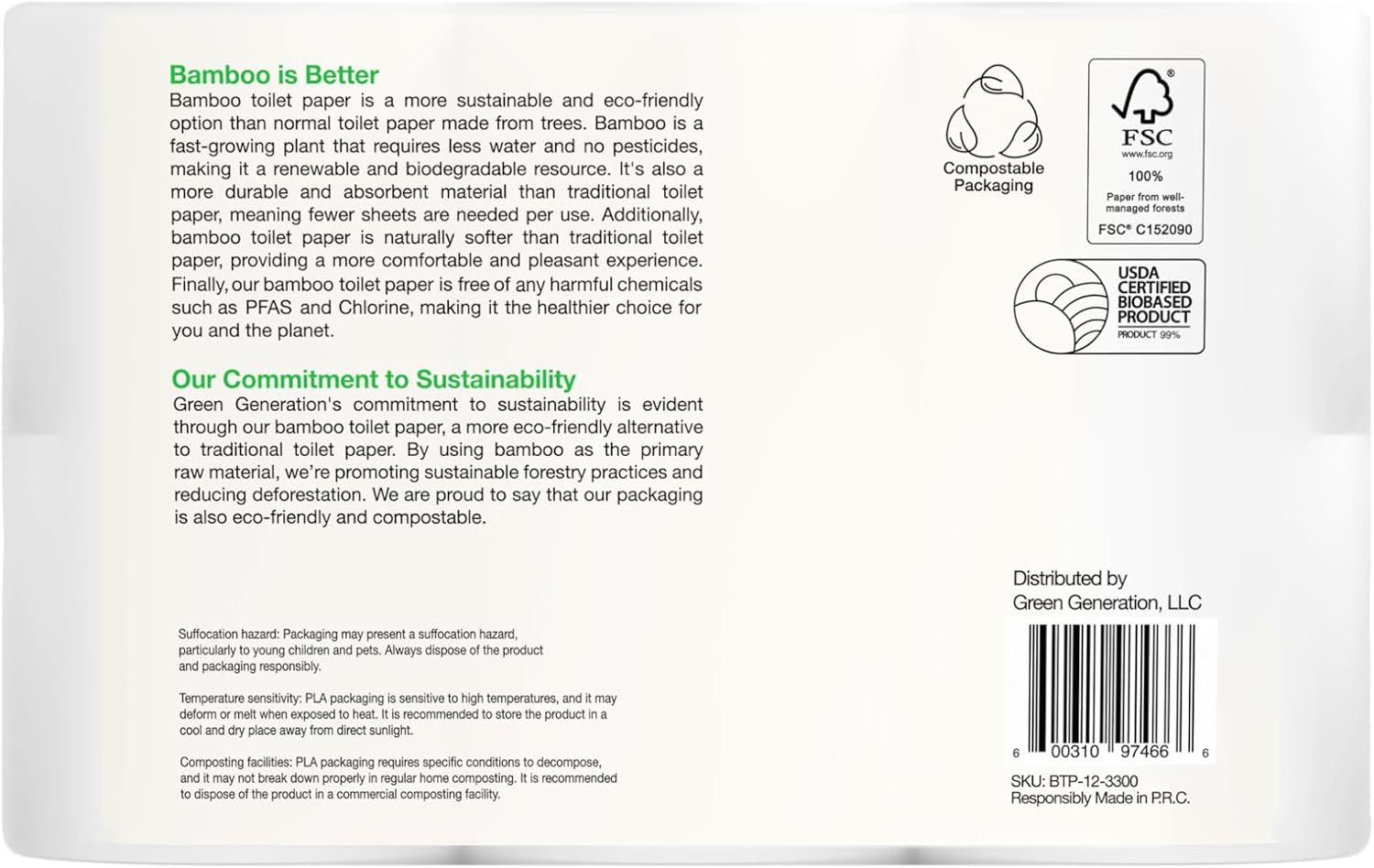 Green Generation Bamboo Toilet Paper -12 Roll, 3-Ply, 300 Sheets/Roll - Non Toxic Toilet Paper Organic Septic Safe - BPA Free Sustainable, Soft, FSC Certified - Home, Boat & RV Use - Image 2