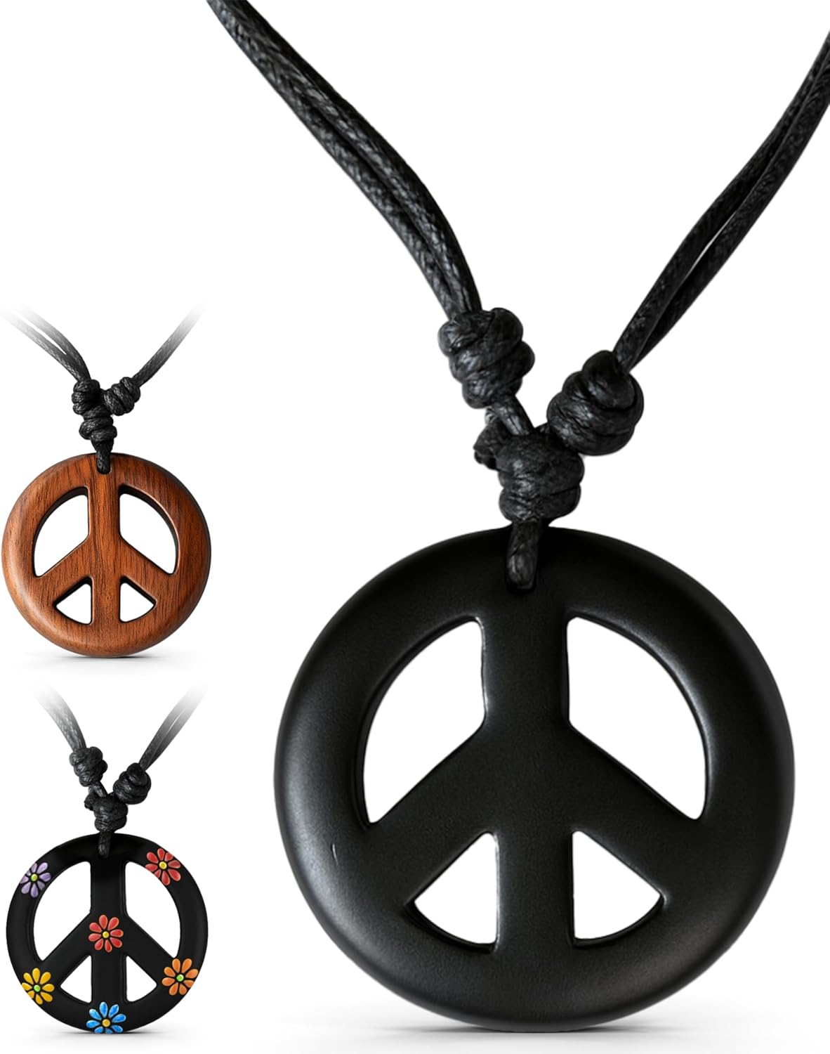Adjustable Peace Sign Pendant Necklace with Organic Wood - Hippie Accessories and Hippie Costume for 60s or 70s - Image 4