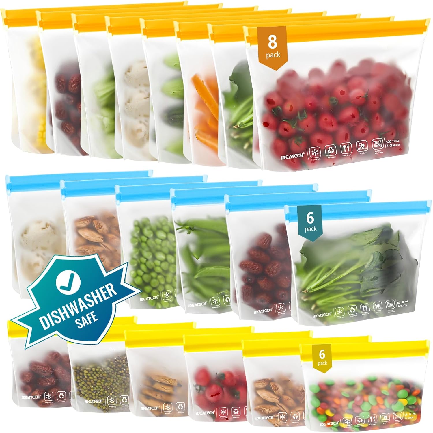 IDEATECH 20Pack Reusable Bags Dishwasher Safe, Leakproof Reusable Freezer Bags, BPA Free Healthy Food Storage Contaizers Sandwich Snack Baggies for Lunch Travel(8 Gallon 6 Quart 6 Snack,Colored) - Image 2