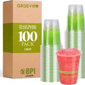 Eco Compostable Plant-Based Clear Plastic Cups 12oz Thick, Reusable, Disposable Iced Coffee Cups for Smoothies, Beer & Any Beverages for Parties, Weddings & Gatherings