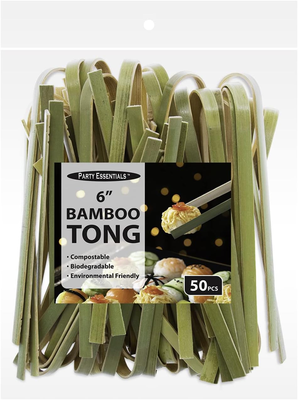 Party Essentials Bamboo Disposable Green Mini Tongs, Toast Serving Utensils, 6" Length, 50-Count, Natural - Image 4