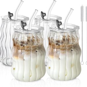 KEMORELA 4PCS Ribbed Glass Cups with Lids & Straws – 18oz Vintage Wavy Coffee Cups, Bubble Glass Aesthetic for Iced Coffee, Clear Ribbed Glasses with Straws, Ideal Drinkware Set