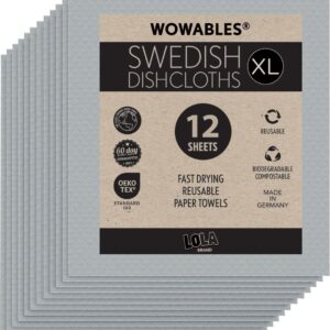 LOLA Wowables XL Swedish Dishcloths, 12 Reusable Eco Cleaning Cloths, 11″ x 10″, Ultra Absorbent Cellulose Sponge Towel, Compostable, Made in Germany