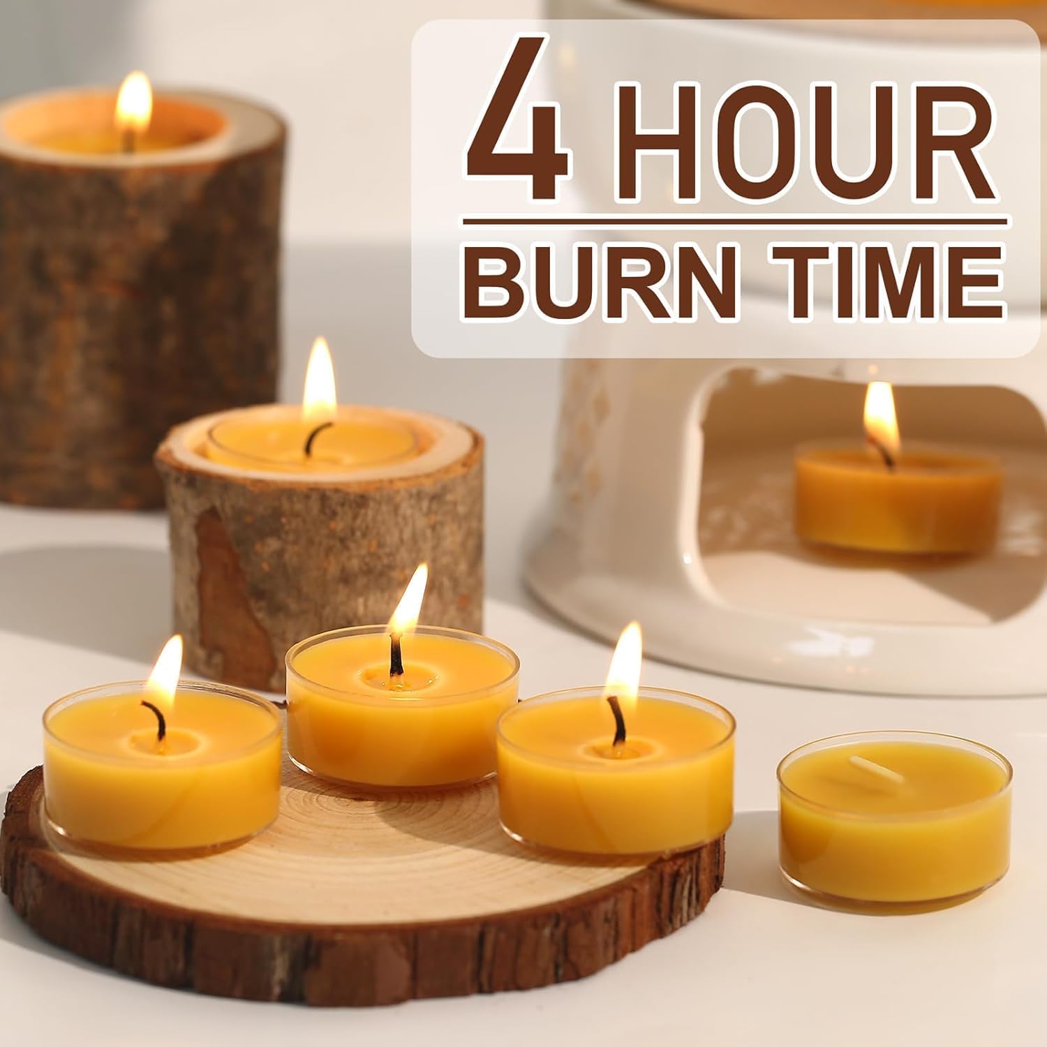 24 Packs Beeswax Tealight Candles- 4 Hour Burn Time Pure Beeswax Candles Bulk Burn Evenly and Clean Smokeless Natural Bees Wax Tea Lights for Relaxing - Image 3