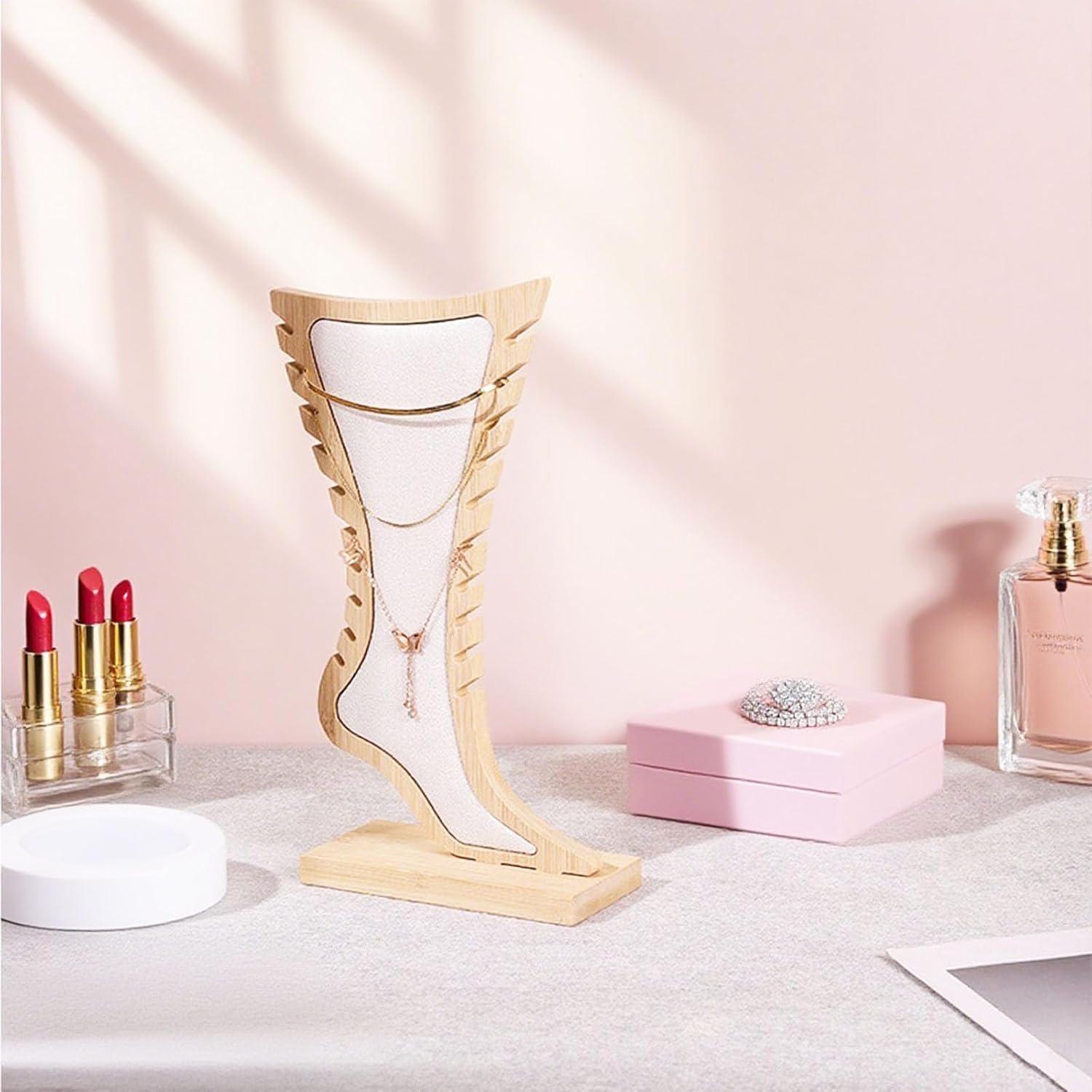 TANG SONG Bamboo Foot-Shaped Jewelry Stand Necklace & Earring Holder for Home Display(White) - Image 4