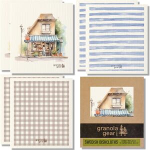 Swedish Dishcloths for Kitchen 6-Pack, Made in Sweden, Reusable Paper Towels, Washable Sponge Dish Wash Cloths, Cellulose Cotton, Watercolor Art-Coffee Shop