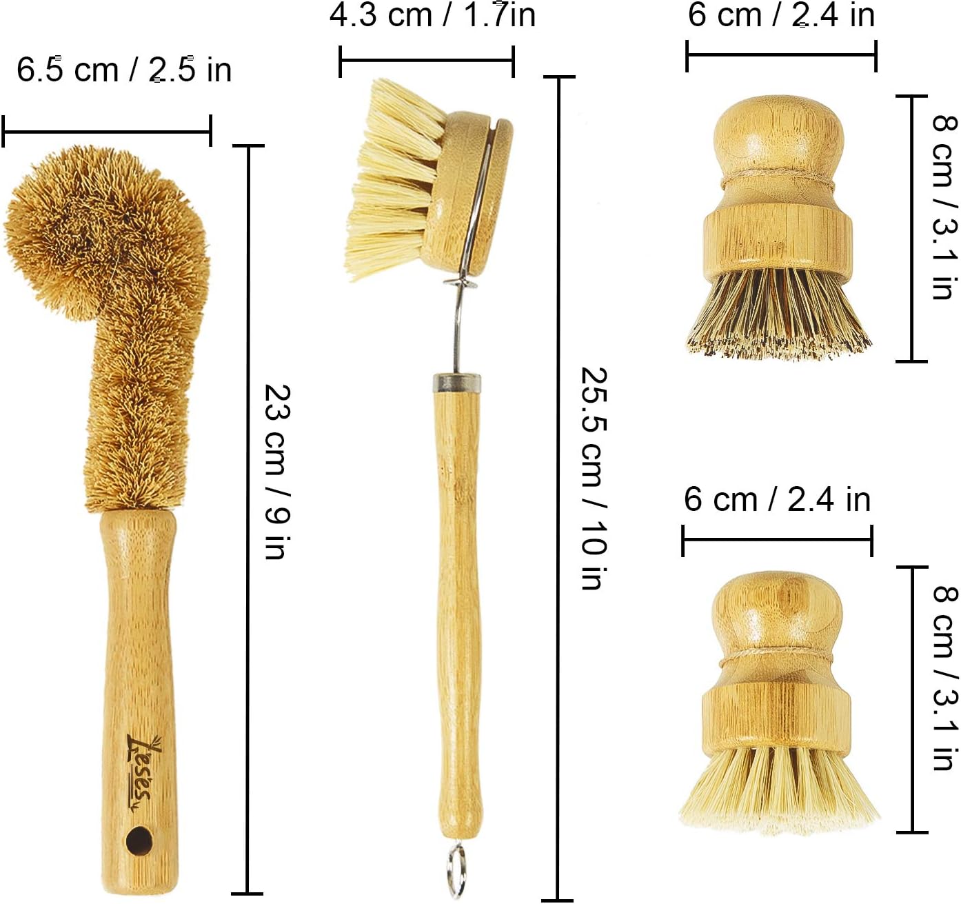 LESES Dish Brush Natural Bamboo Dish Scrub Brush Set with Handle 100% Plastic Free Eco Friendly Cleaning Brushes for Kitchen Cleaning Dish, Bottle, Pots, Pans - Image 4