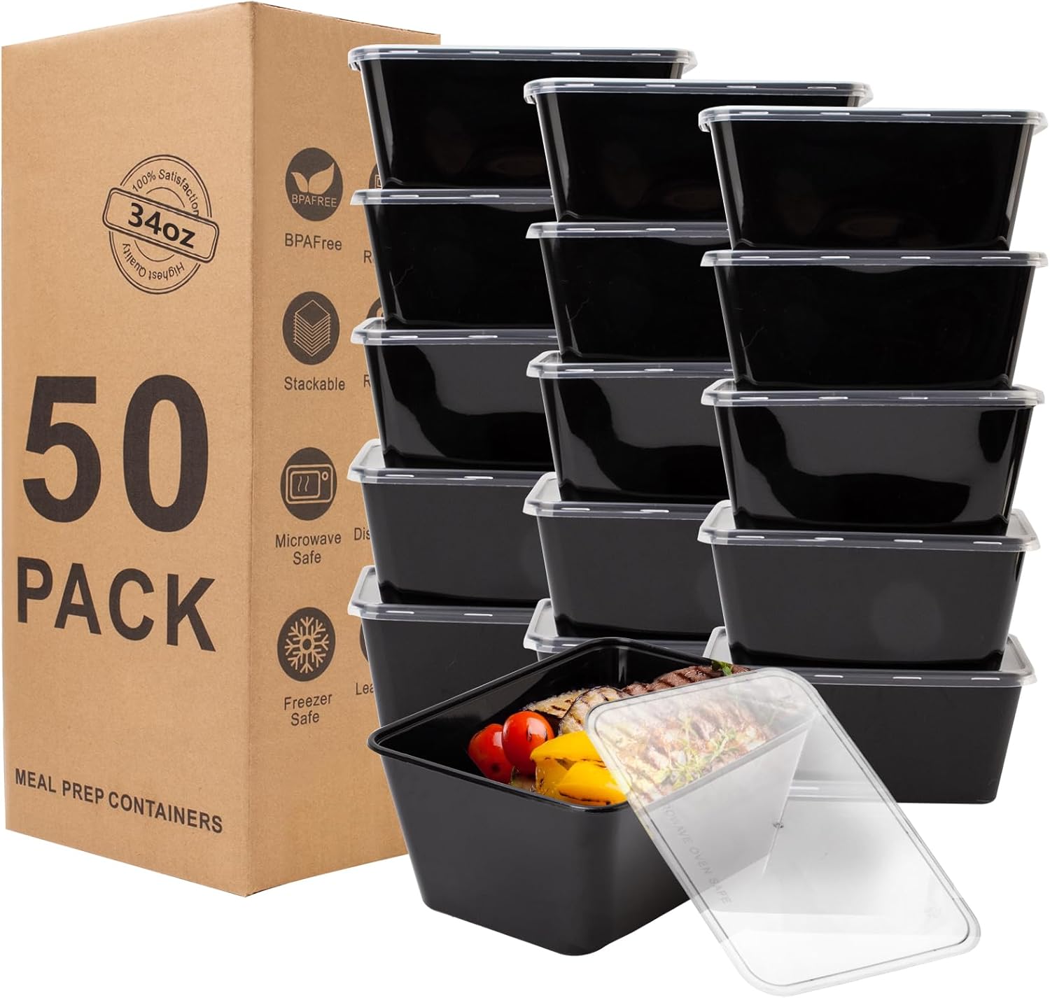 Meal Prep Containers 50Pack - 34oz Food Storage Containers with Lids, Reusable Food Prep Containers, Disposable To Go food Containers for Takeout, BPA Free, Stackable, 1000ml, Microwave/Freezer Safe - Image 2