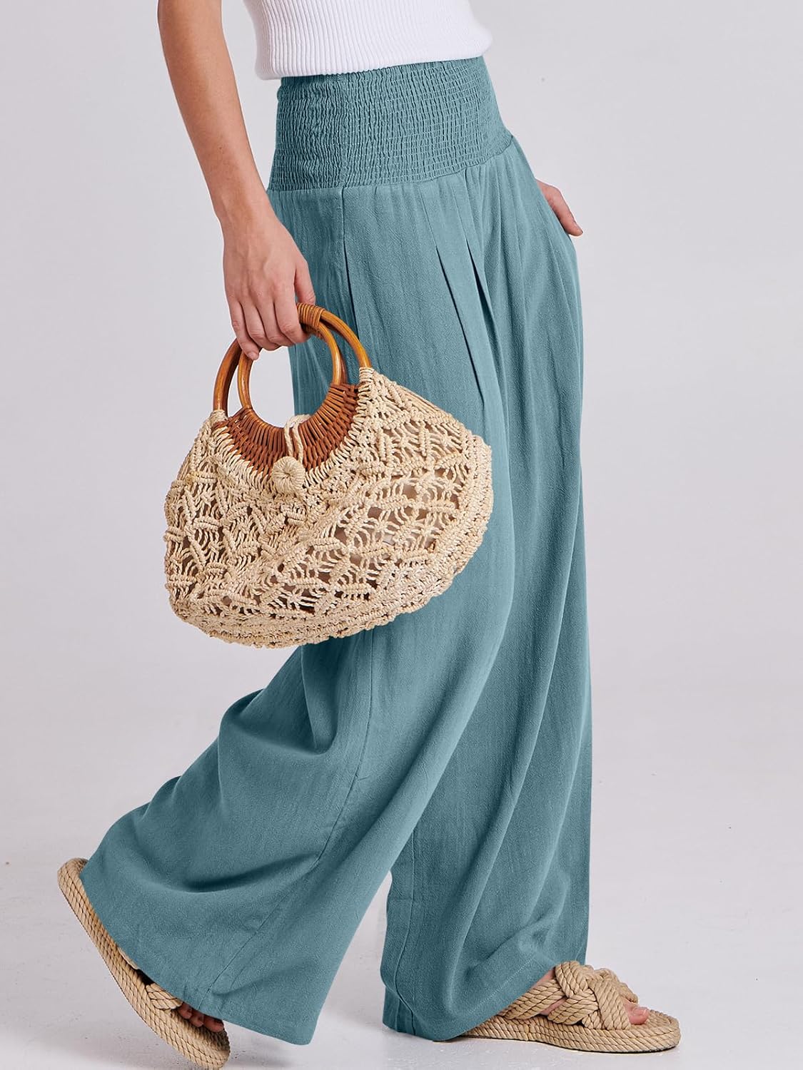 ANRABESS Women Linen Palazzo Pants Summer Boho Wide Leg High Waist Casual Lounge Pant 2025 Beach Travel Vacation Outfits - Image 4