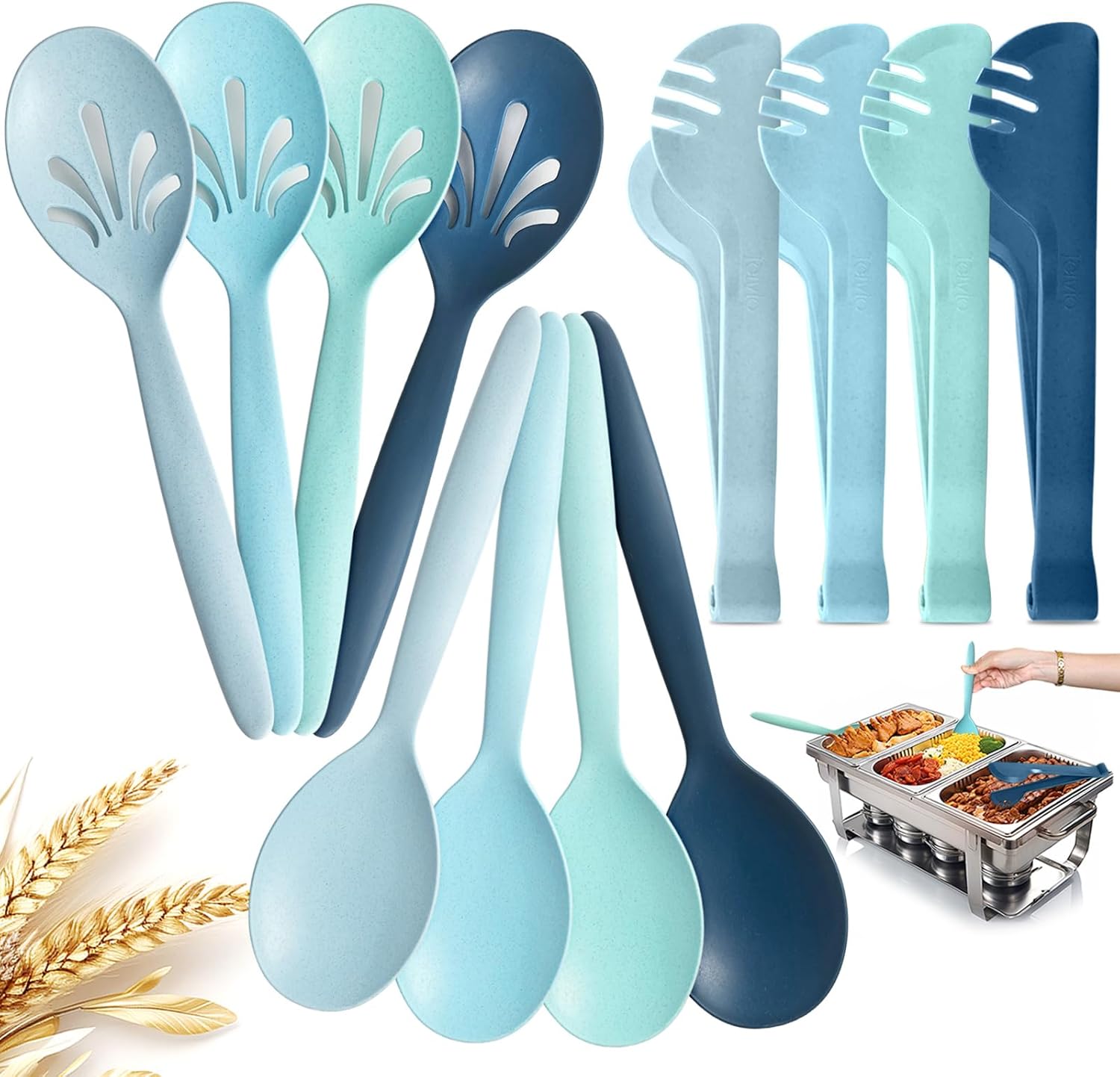 Reusable Plastic Serving Utensils Set of 12, Wheat straw Large Serving set 10" Serving Spoons/10" Slotted Spoons/9.4" Tongs, for Party Buffet Catering (Ocean, Not for Cooking) - Image 2