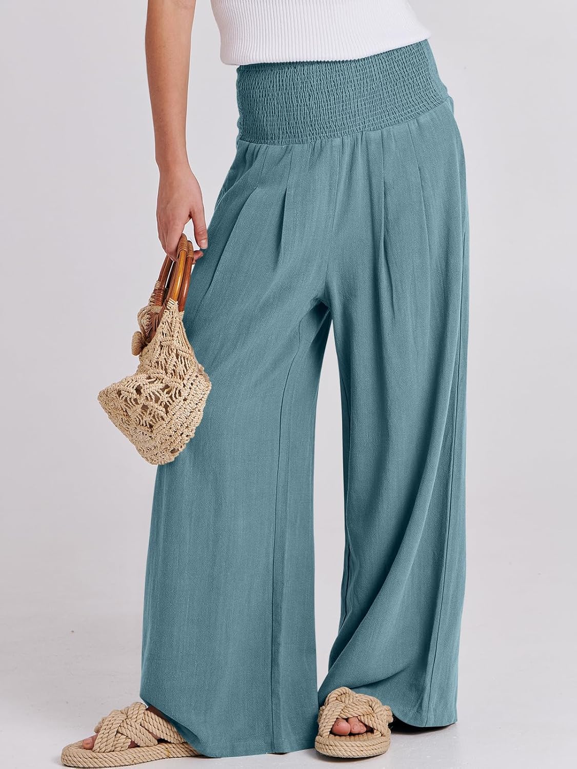 ANRABESS Women Linen Palazzo Pants Summer Boho Wide Leg High Waist Casual Lounge Pant 2025 Beach Travel Vacation Outfits - Image 3
