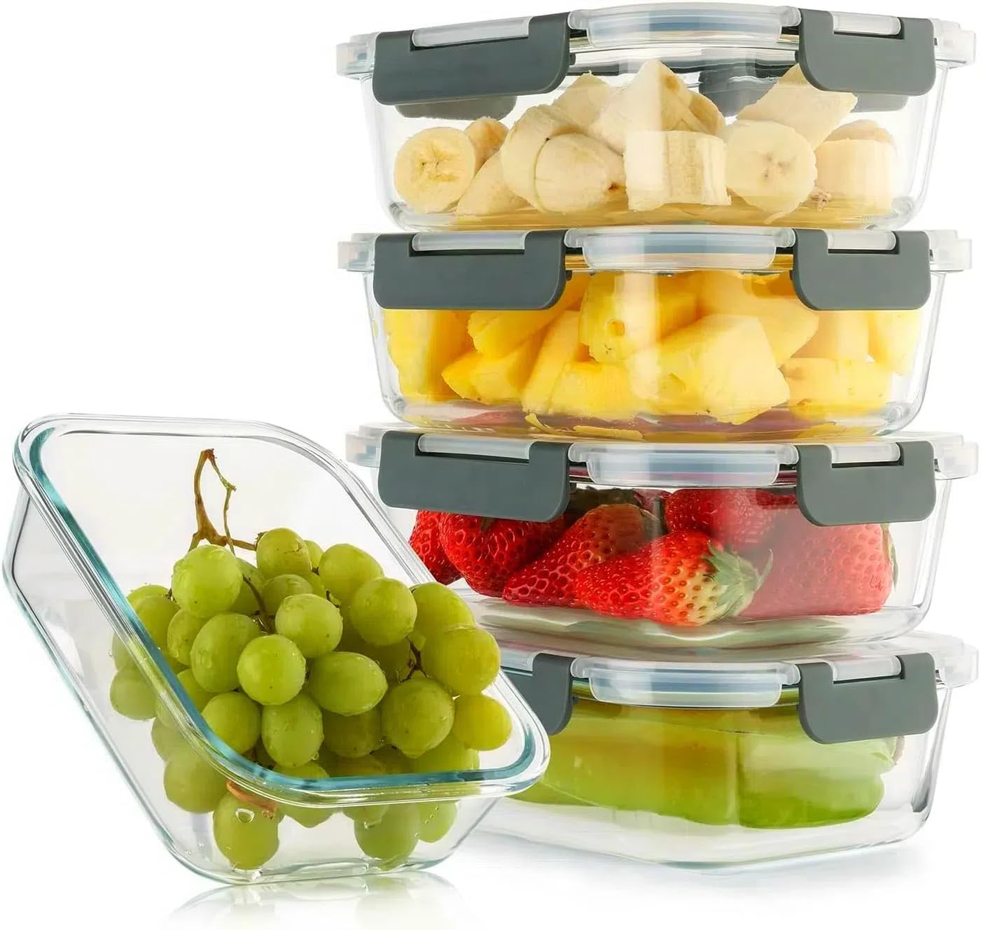 5 Pack 36 Oz Glass Meal Prep Containers with Lids, Reusable Glass Food Storage Airtight Lunch Containers with Lids, Leak Proof, Microwave, Oven, Freezer and Dishwasher Safe (Gray) - Image 2