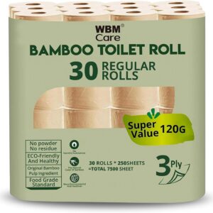 Care Bamboo Toilet Tissue, Strong & Flexible 3-Ply, All Natural Tree Free and Septic Safe Paper Towels, 250 Sheets Each Roll, Total 7500 Sheets, 30 Rolls