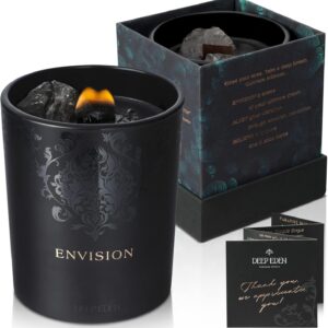Scented Candle, Wood Wick, 7.4 Oz, Black – Luxurious, Powerful Manifestation Crystal Candle – Hand Poured with Natural Soy, Coconut and Beeswax – Essential Oils and Exotic Fragrance