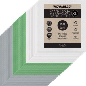 LOLA Wowables XL Swedish Dishcloths, 36 Reusable Eco Cleaning Cloths, 11″ x 10″, Ultra Absorbent Cellulose Sponge Towel, Compostable, Made in Germany