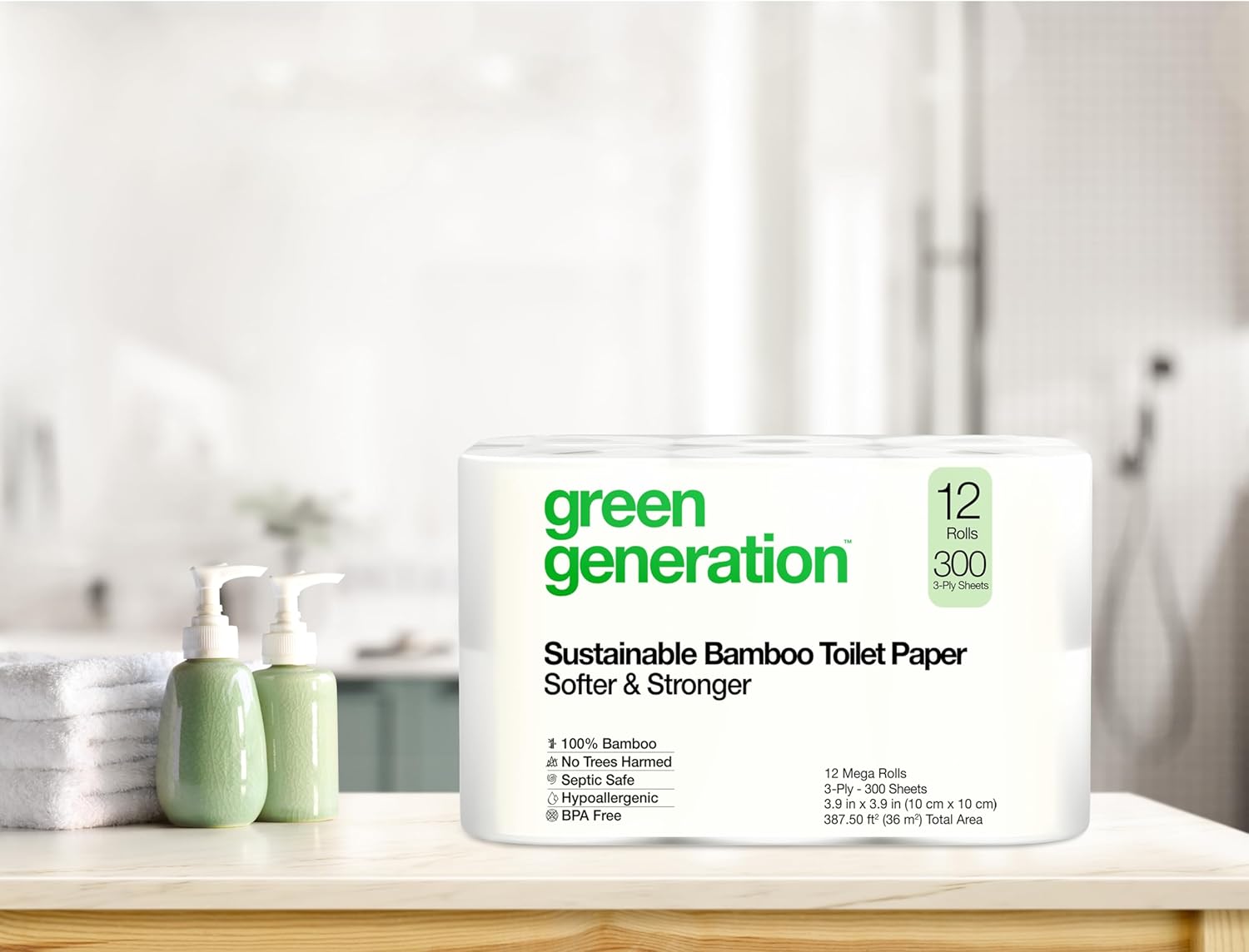 Green Generation Bamboo Toilet Paper -12 Roll, 3-Ply, 300 Sheets/Roll - Non Toxic Toilet Paper Organic Septic Safe - BPA Free Sustainable, Soft, FSC Certified - Home, Boat & RV Use - Image 3