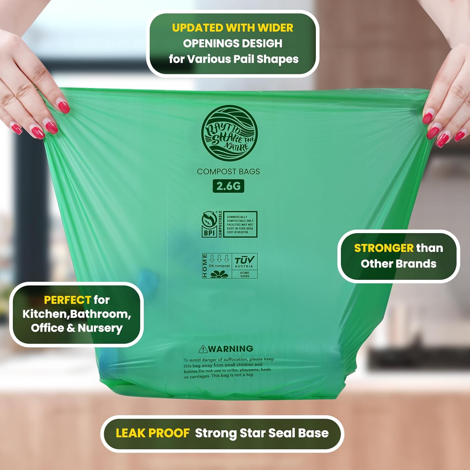 RAYTID Compostable trash Bags 2.6 Gallon Compost Bags for Kitchen Countertop Bin 1.3,2,3, Gallon, 120 Count,Small Kitchen Food Scrap Waste Bags,ASTM D6400, US BPI & Europe OK Compost Home Certified - Image 3