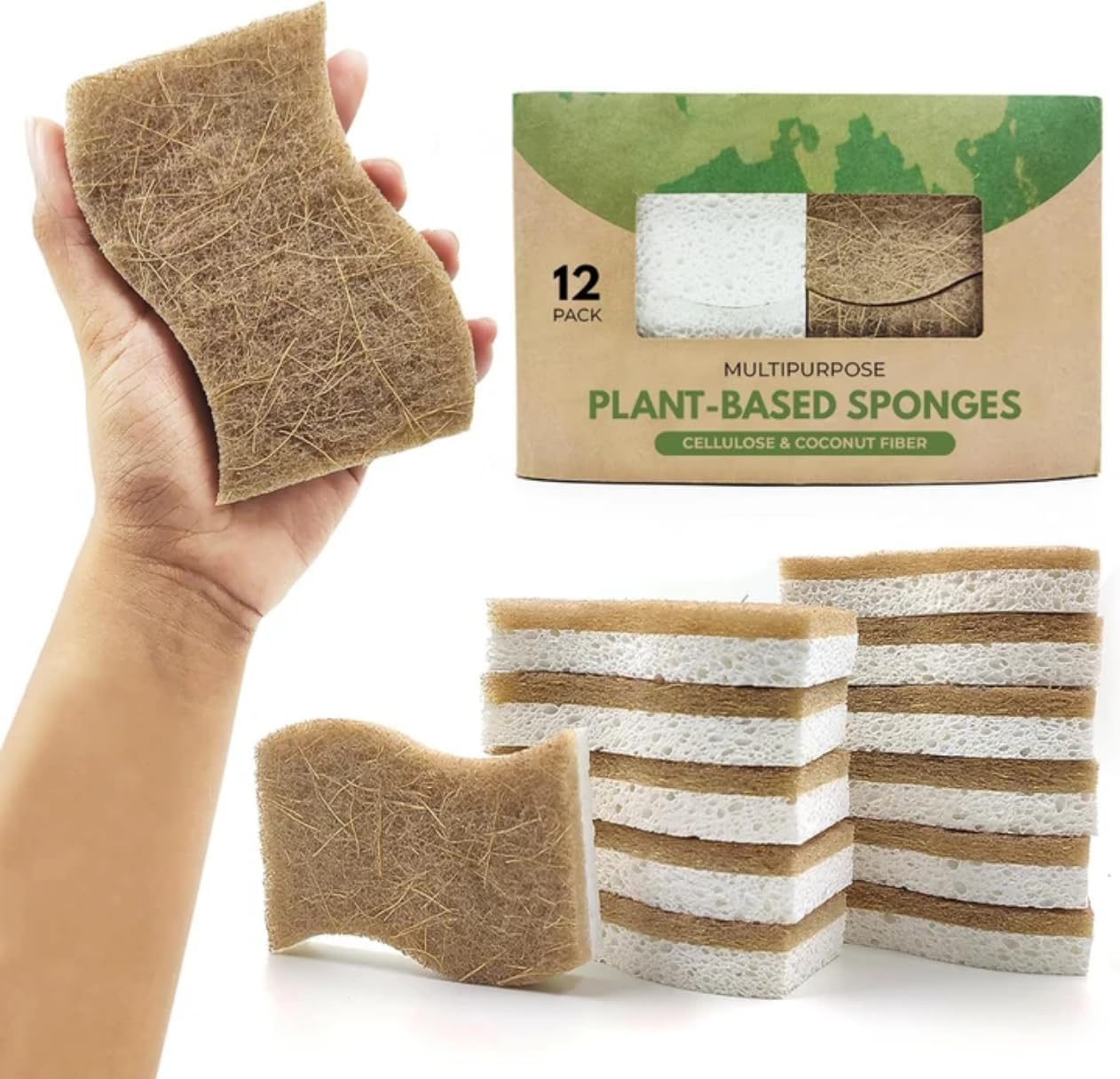 Natural Kitchen Sponge - Eco-Friendly Dish Sponges for Kitchen, Pack of 12 – Biodegradable Cellulose & Coconut Fiber Scrubbers – Sustainable Household Cleaning Sponges - Image 2