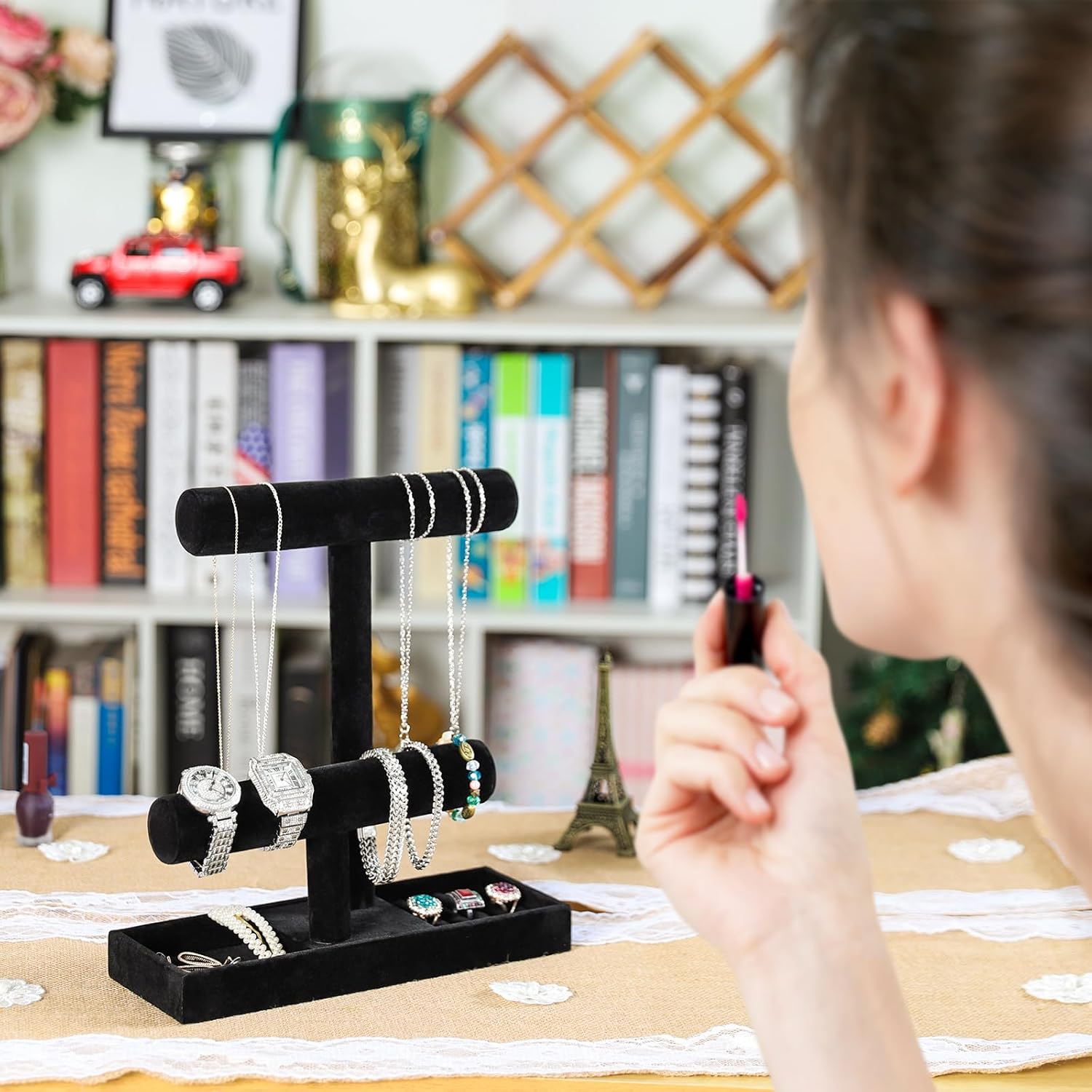 ByKen Necklace Holder,Bracelet Holder,Jewelry Organizer Stand with Earrings Rings Tray,Jewelry Holder for Scrunchie Watches (Black Velvet) - Image 3
