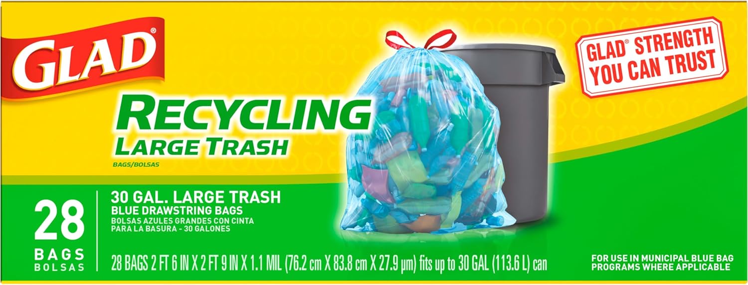 Glad Trash Bags, Large Drawstring Garbage Bags, 30 Gallon Blue Trash Bags for Large Kitchen Trash Can or Recycling, 28 Count - Packaging May Vary - Image 4