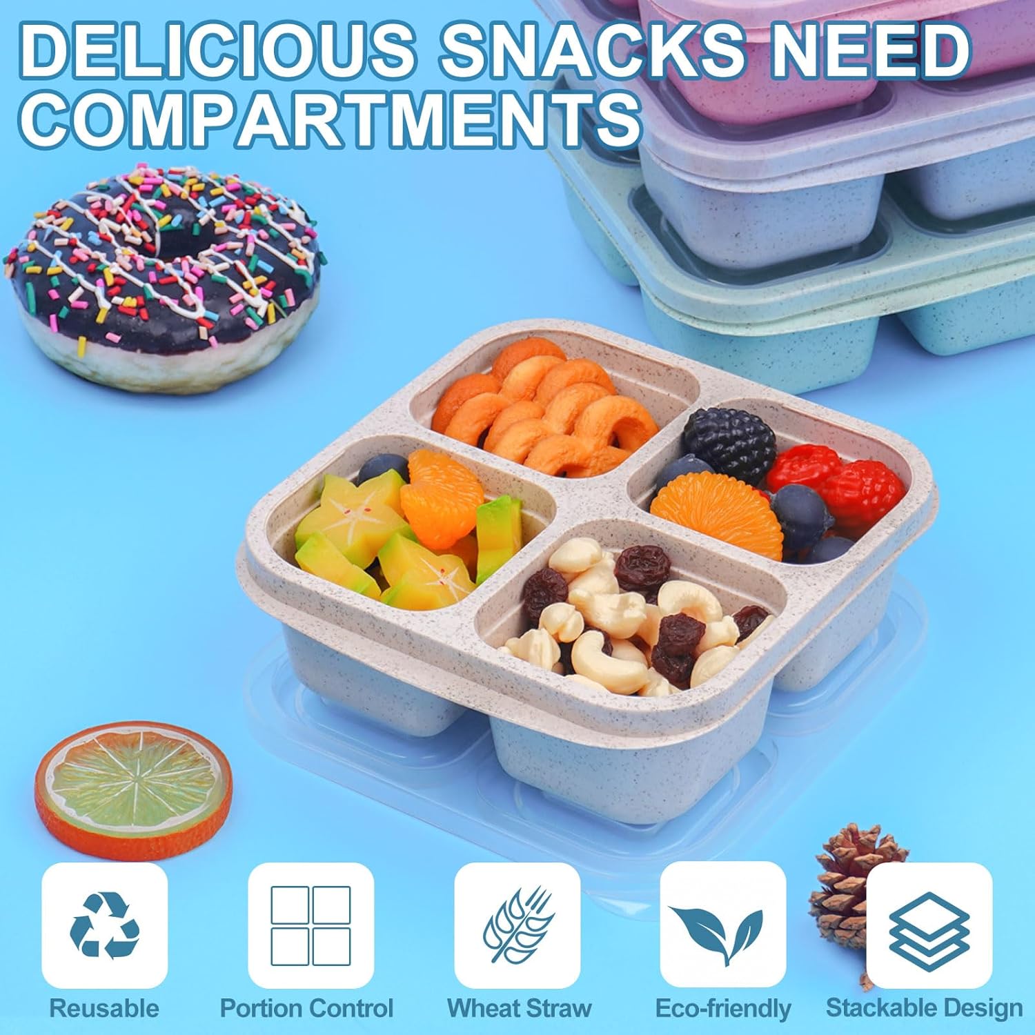 4 Pack Snack Containers, Divided Bento Snack Box, 4 Compartments Reusable Meal Prep Lunch Containers for Kids Adults, Food Storage Containers for School Work Travel - Image 5