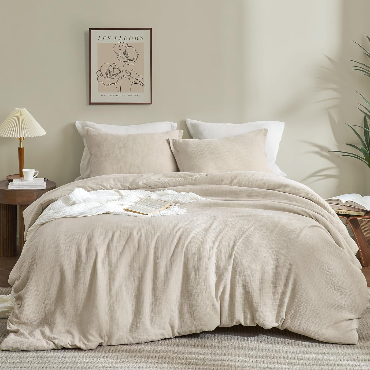 PHF Cotton Muslin Comforter Set Queen Size – Ultra Soft, Breathable & Lightweight Bedding Set for All Seasons, 3 Pieces - 1 Comfy Comforter 90"x90", 2 Pillow Shams 20"x26", Natural - Image 7