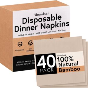 100% Bamboo Compostable Dinner Napkins (40-Pack) | Premium Bamboo Napkins Disposable for Lunch, Dinner, Events & Entertaining | 3-Ply FSC Certified | Compostable Paper Towels | 7.5×8.5 Inch