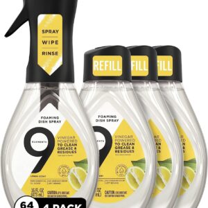 9 Elements Natural Dish Soap, Dishwashing Liquid with Lemon Essential Oils, Made with the Power of Vinegar, 1 Dish Spray Starter Kit & 3 Refills (64 oz Total)