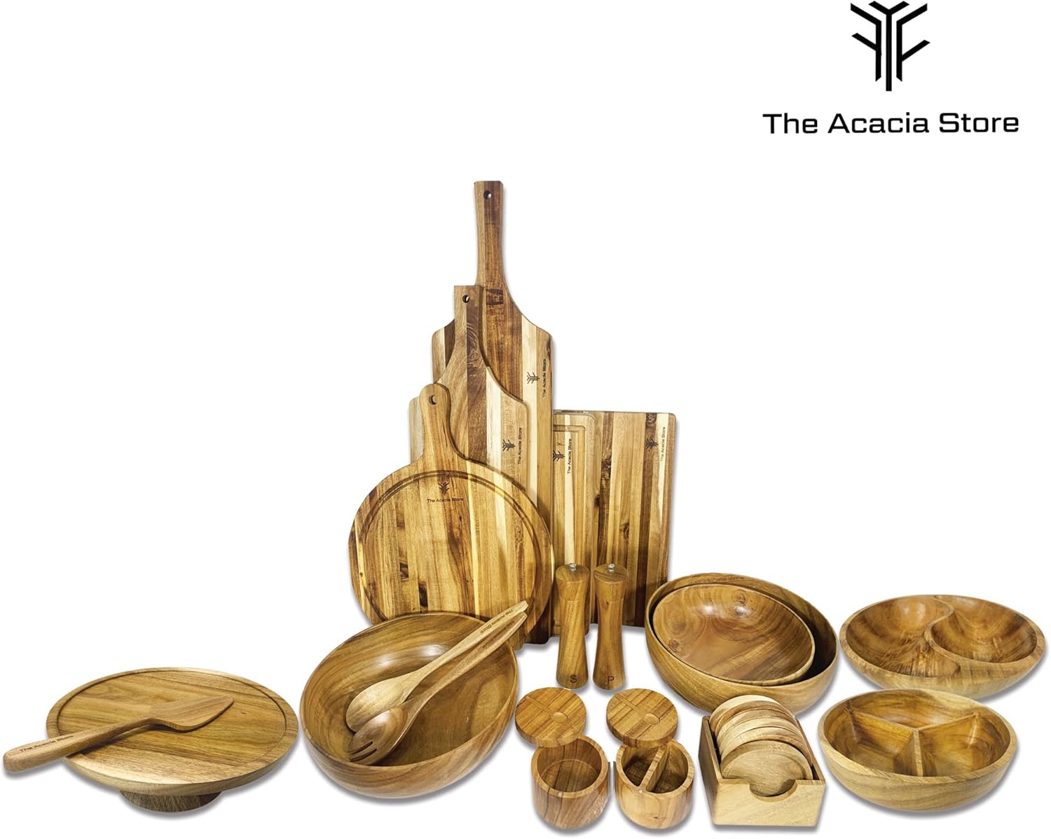 11.5 inches Acacia Wood Salad Bowl Set with 1 set spoon and fork, in a gift box, made from one pc solid acacia wood, made in Vietnam. - Image 7