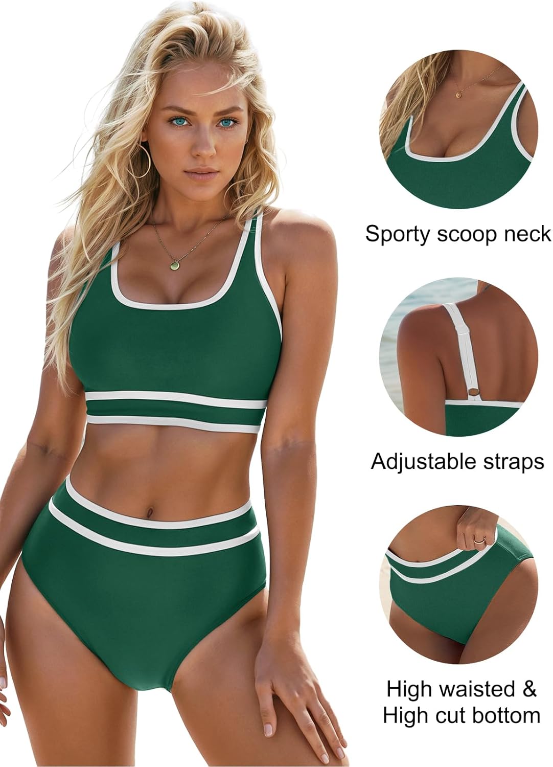 Blooming Jelly Womens High Waist Bikini Sets Sporty Color Block Two Piece Swimsuits Scoop Neck Cheeky Bathing Suits - Image 4