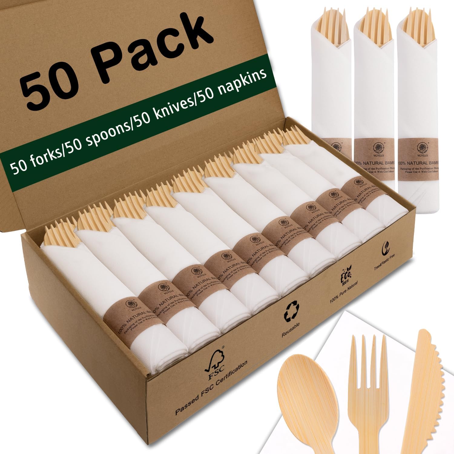 Bamboo Compostable Cutlery Set 50 Pack - Biodegradable Utensils with Forks, Knives, Spoons & Napkins - Eco Friendly Disposable for Wedding, Party & Camping - Image 2