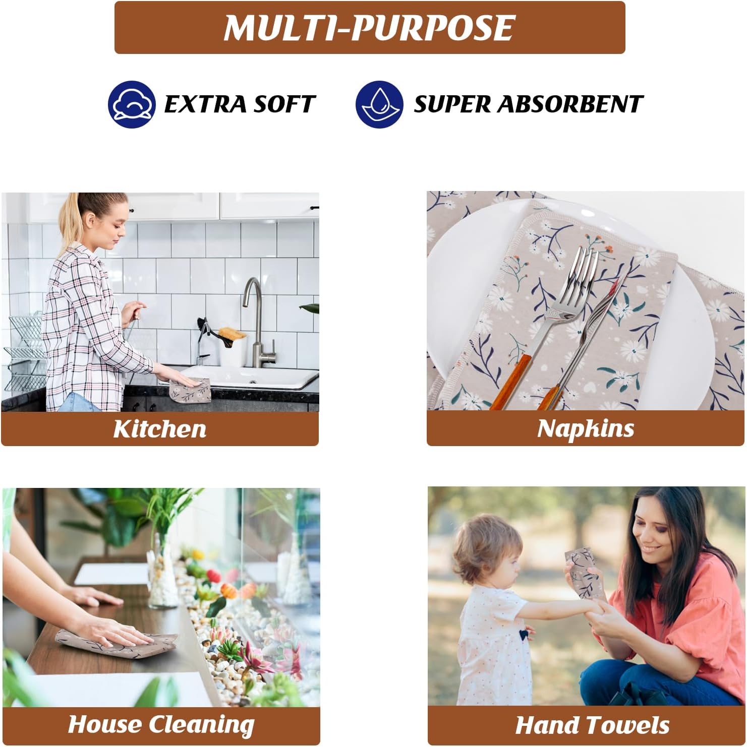 Paper Towels Washable Roll: 25Pack Cotton Cloth Paper Towels 11.8x11.8In Absorbent Soft Flannel Paperless Towels Alternative for Kitchen Reusable Napkins Zero Waste (Flower, Large) - Image 5