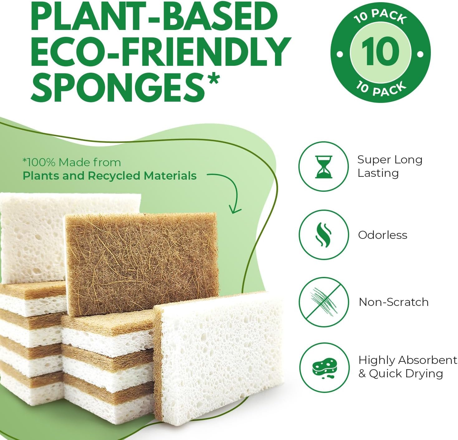 10 Pack Biodegradable Natural Kitchen Sponge - Compostable Cellulose and Coconut Walnut Scrubber Sponge - Eco Friendly Sponges for Dishes - Image 3