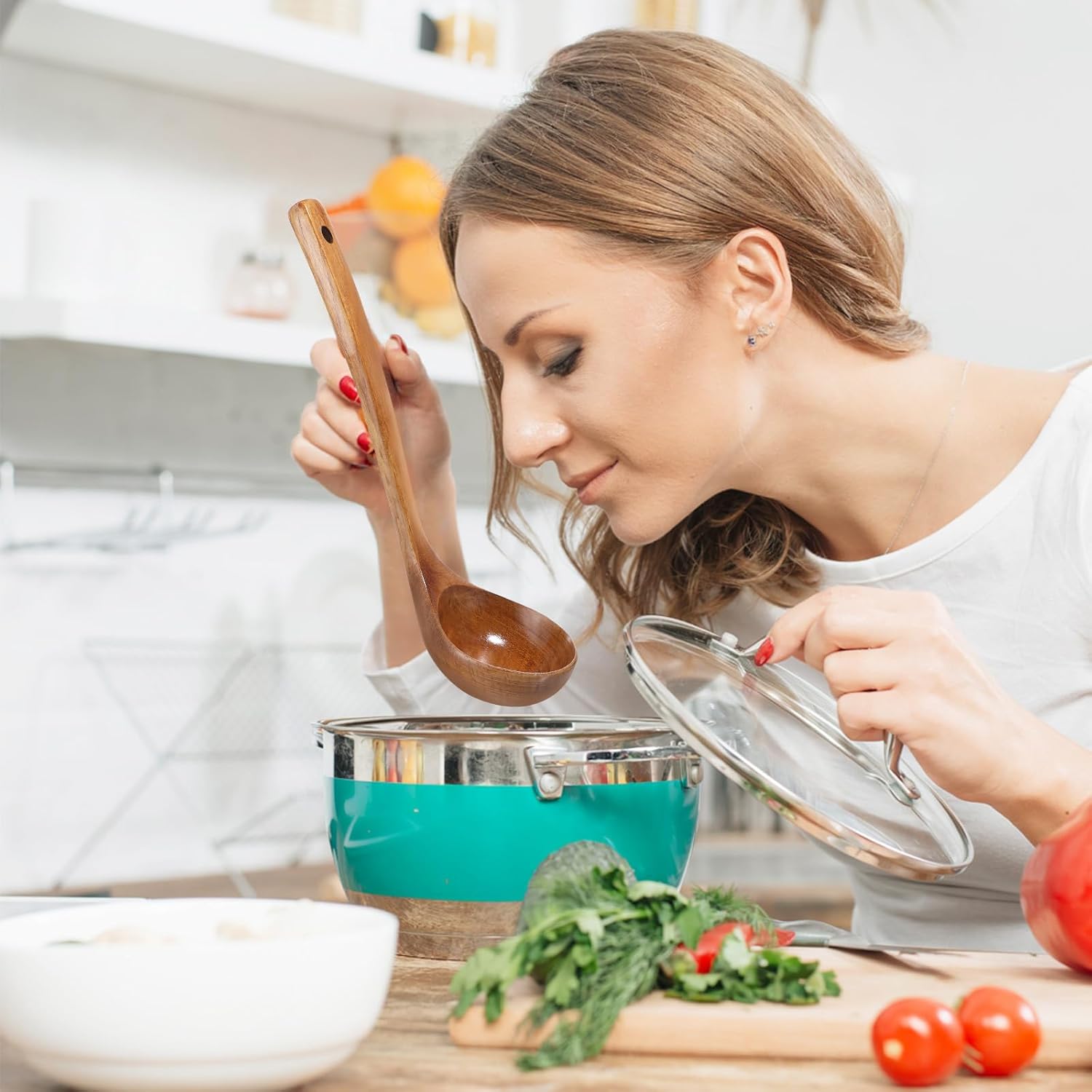 Wooden Ladle, 11" Long Handle Soup Ladle Spoon Large Kitchen Wooden Scoop Deep Teak Wood Spoon Utensil for Cooking Serving Cookware, Sustainable Natural Texture - Image 6