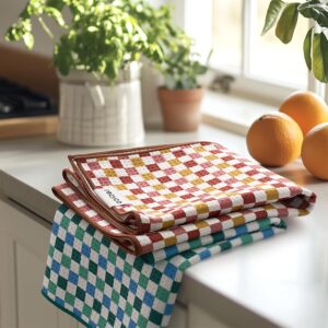 RECYCO Waffle Kitchen Towel Set of 2 – Quick Dry Microfiber Sustainable Dish Towels – Ultra Absorbent Reusable Cleaning Tea Towels – Lightweight Hand Towels,16”x 28”, Checkerboard Bliss