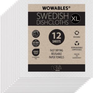 LOLA Wowables XL Swedish Dishcloths, 12 Reusable Eco Cleaning Cloths, 11″ x 10″, Ultra Absorbent Cellulose Sponge Towel, Compostable, Made in Germany