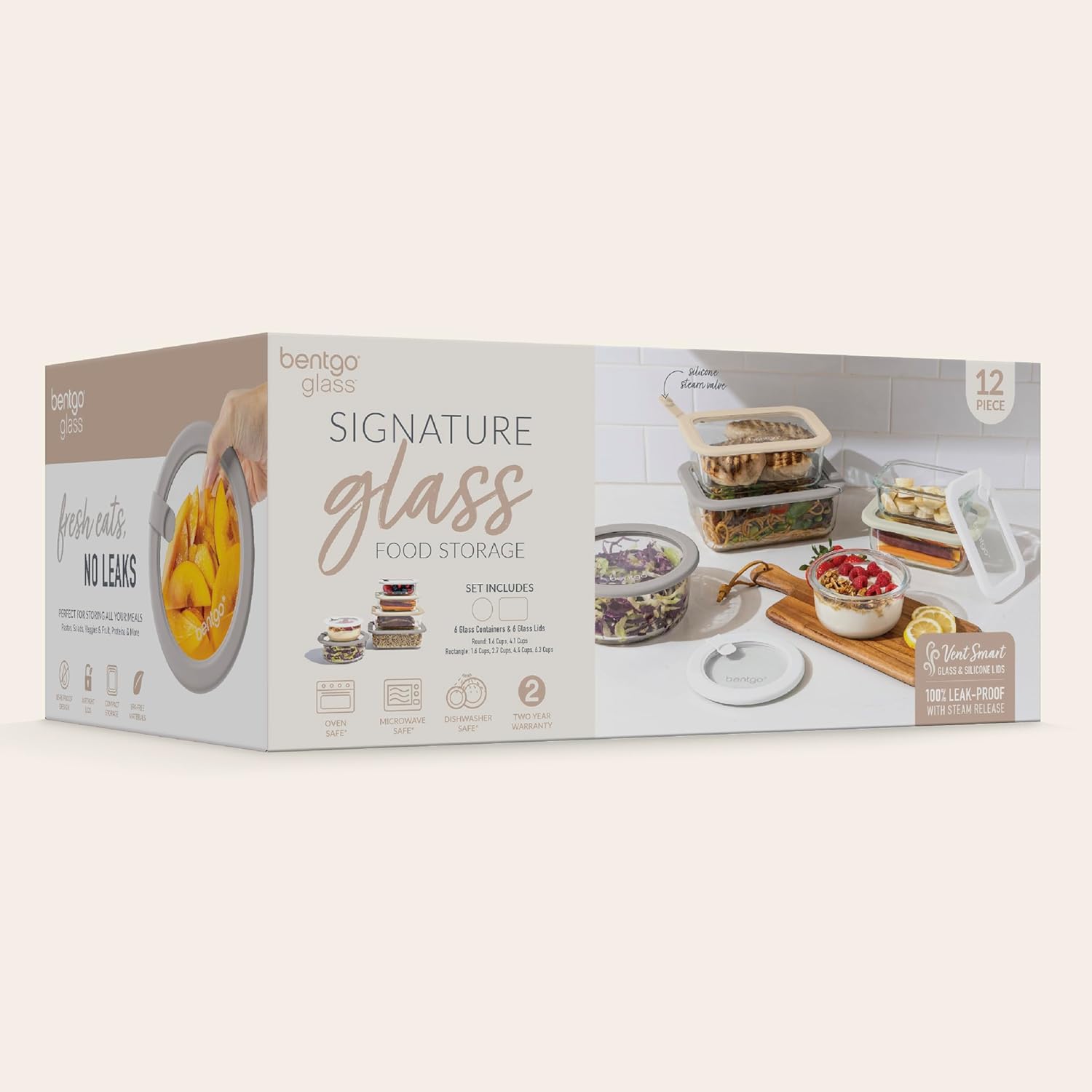 Bentgo Signature Leak-Proof Glass Food Storage - 12-Piece Set, 1-Compartment Plastic-Free Containers with Airtight Glass Lids, BPA-Free, Microwave, Freezer, Oven & Dishwasher Safe (White Stone) - Image 8